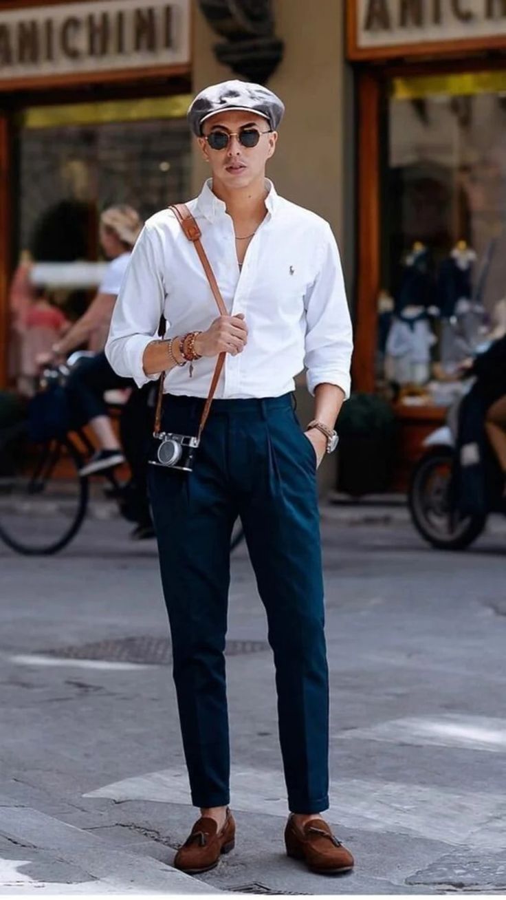 White Shirt with Navy Linen Pants and Brown Loafers 